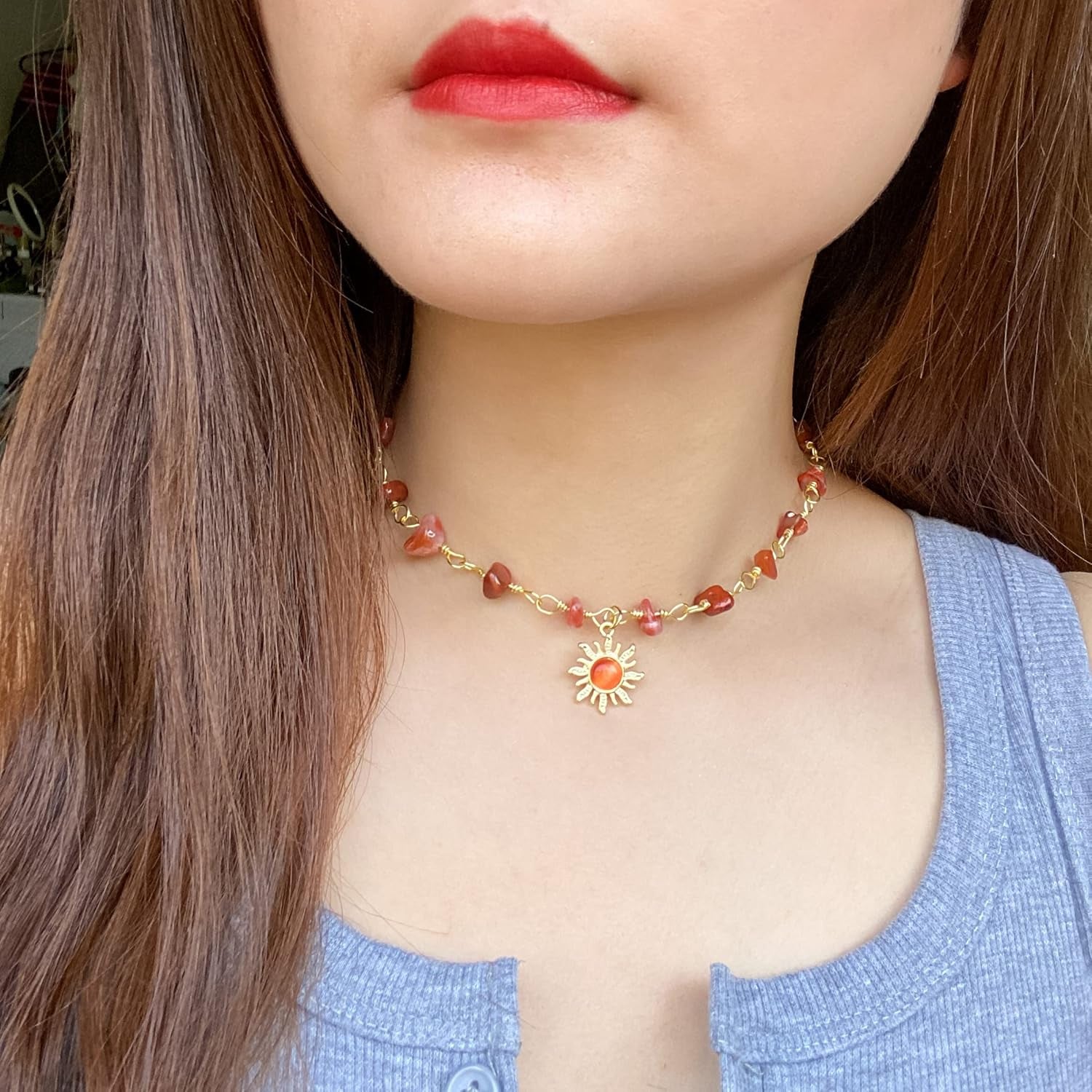 Colorful Beaded Gemstone Necklace for Women Natural Healing Crystal and Stone Boho Summer Choker Cute Handmade Birthday Christmas Jewelry Gifts for Teen Girls