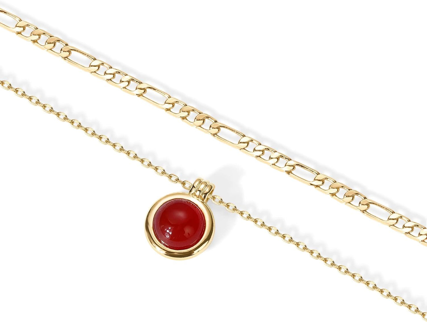 14K Gold Plated Layered Necklaces for Women | Gemstone Pendant Figaro Chain Necklace | Carnelian, Green Aventurine, Malachite Layering Necklace