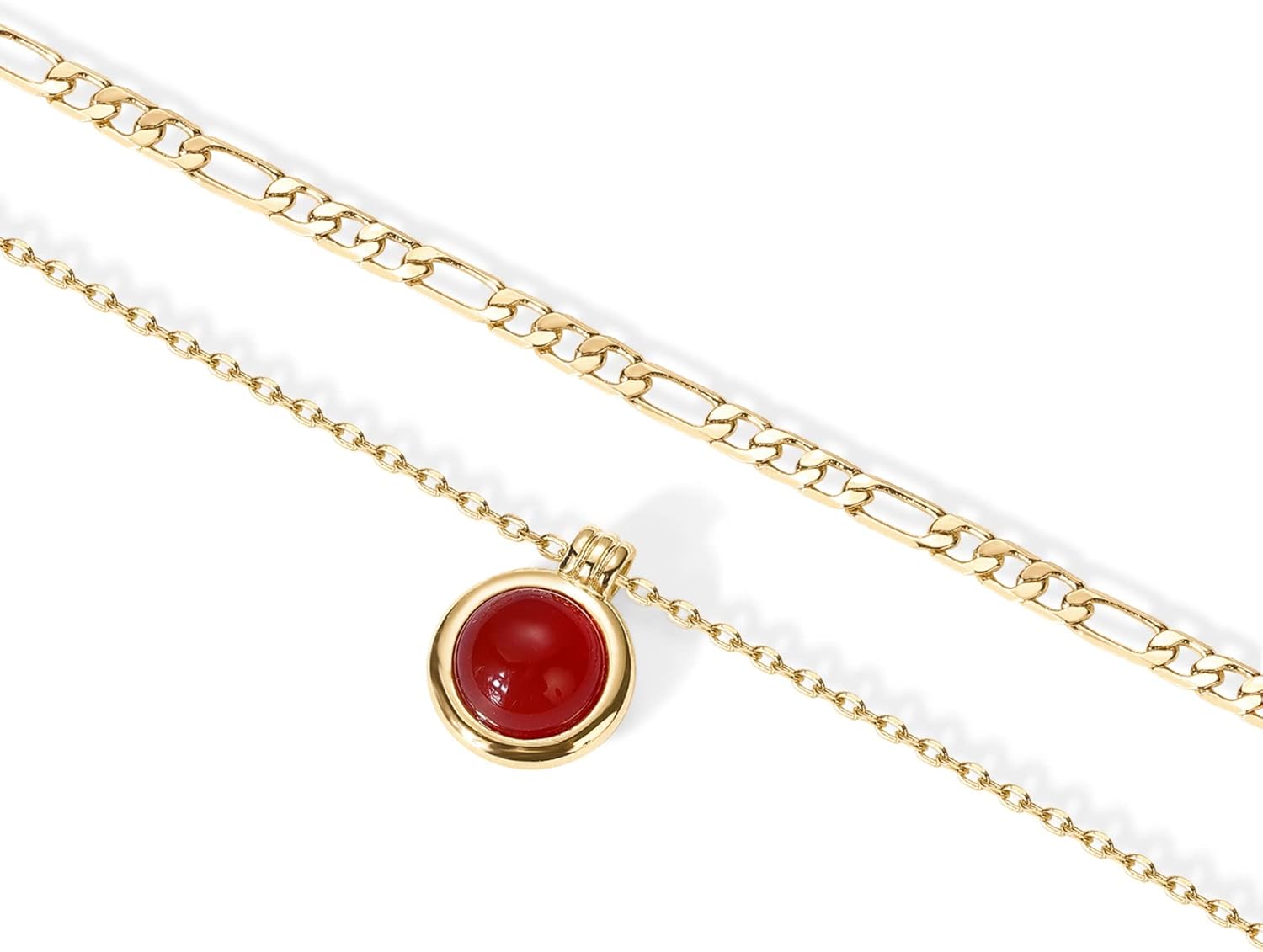 14K Gold Plated Layered Necklaces for Women | Gemstone Pendant Figaro Chain Necklace | Carnelian, Green Aventurine, Malachite Layering Necklace