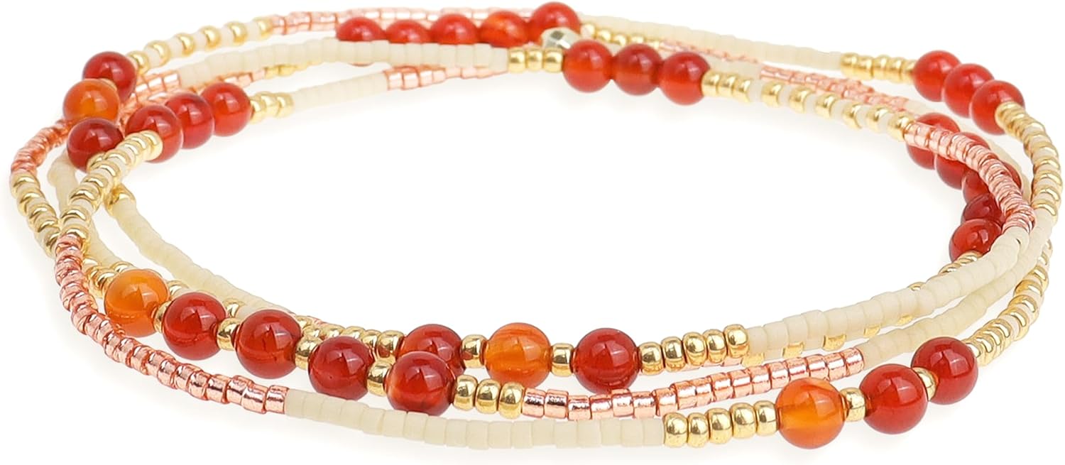 Gold Beaded Gemstone Stackable Stretch Bracelets for Women, Dainty Boho Handmade Natural Stone Seed Bead Ball Layered Bracelet Summer Beach Jewelry Gift