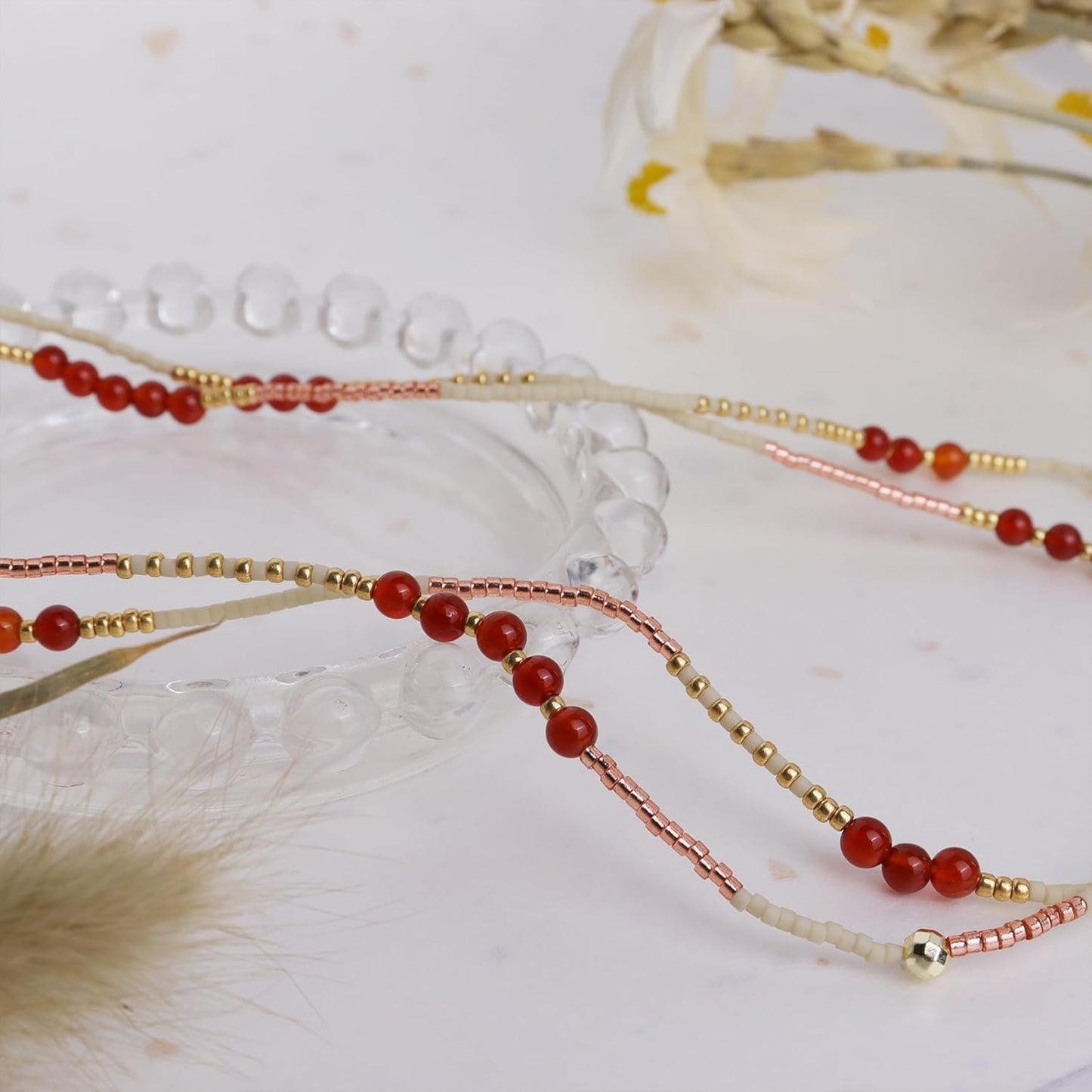 Gold Beaded Gemstone Stackable Stretch Bracelets for Women, Dainty Boho Handmade Natural Stone Seed Bead Ball Layered Bracelet Summer Beach Jewelry Gift