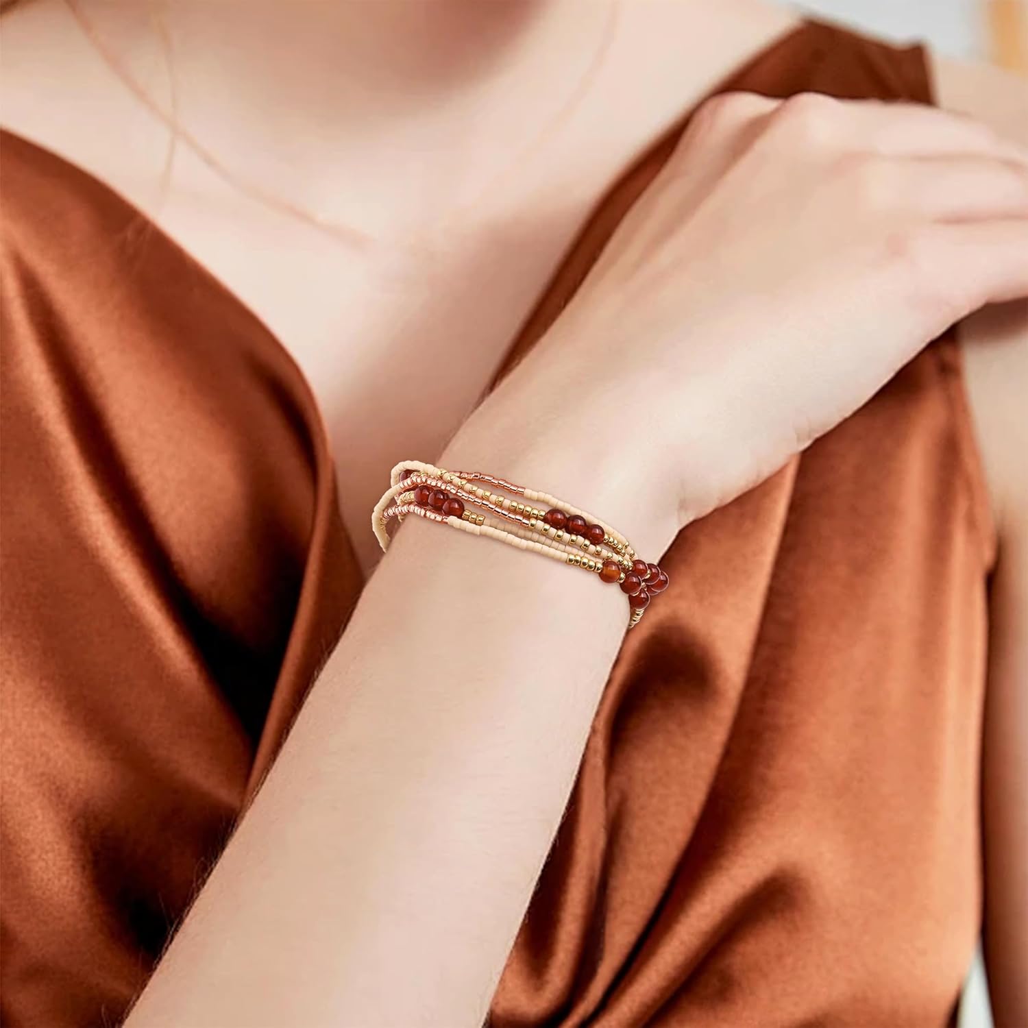 Gold Beaded Gemstone Stackable Stretch Bracelets for Women, Dainty Boho Handmade Natural Stone Seed Bead Ball Layered Bracelet Summer Beach Jewelry Gift