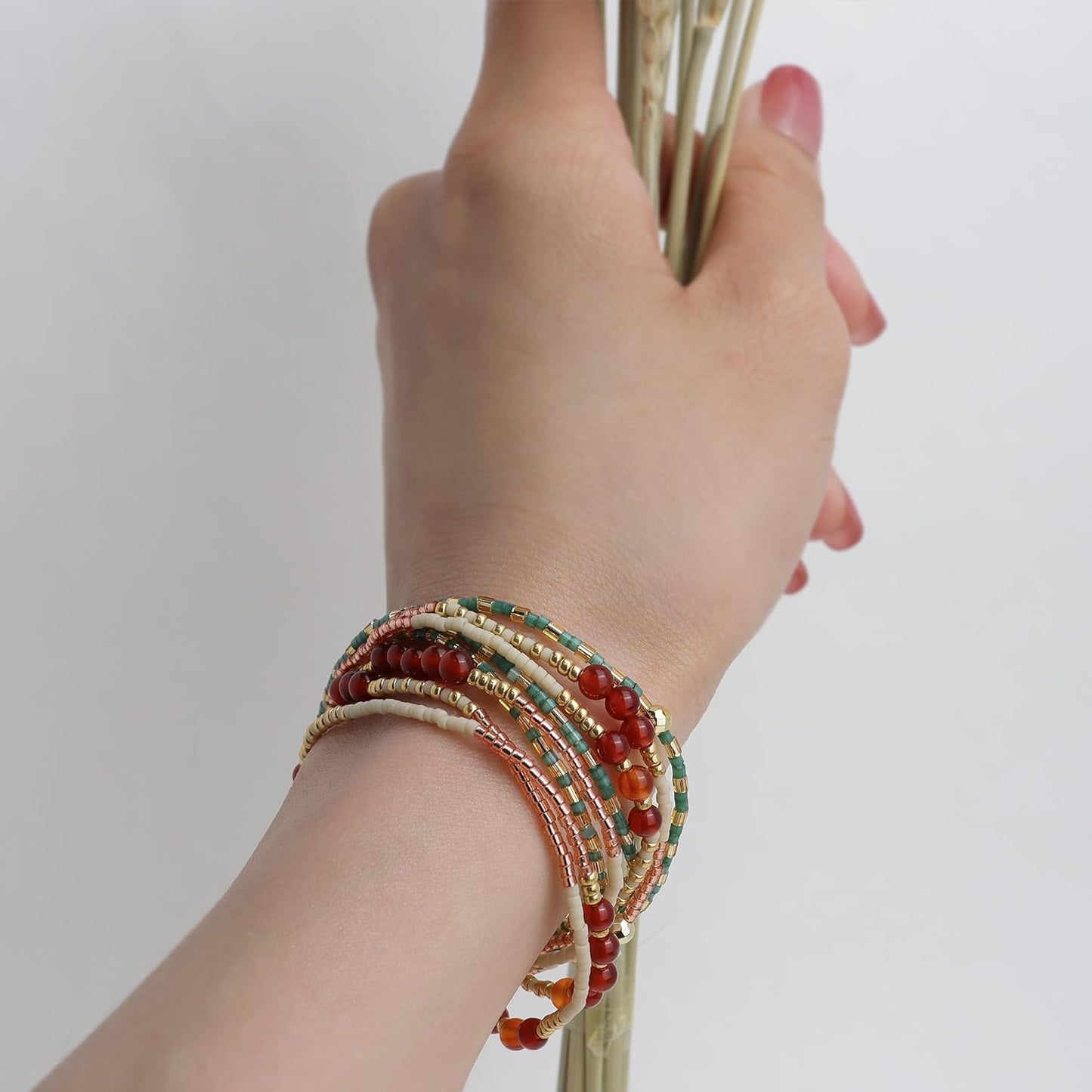 Gold Beaded Gemstone Stackable Stretch Bracelets for Women, Dainty Boho Handmade Natural Stone Seed Bead Ball Layered Bracelet Summer Beach Jewelry Gift