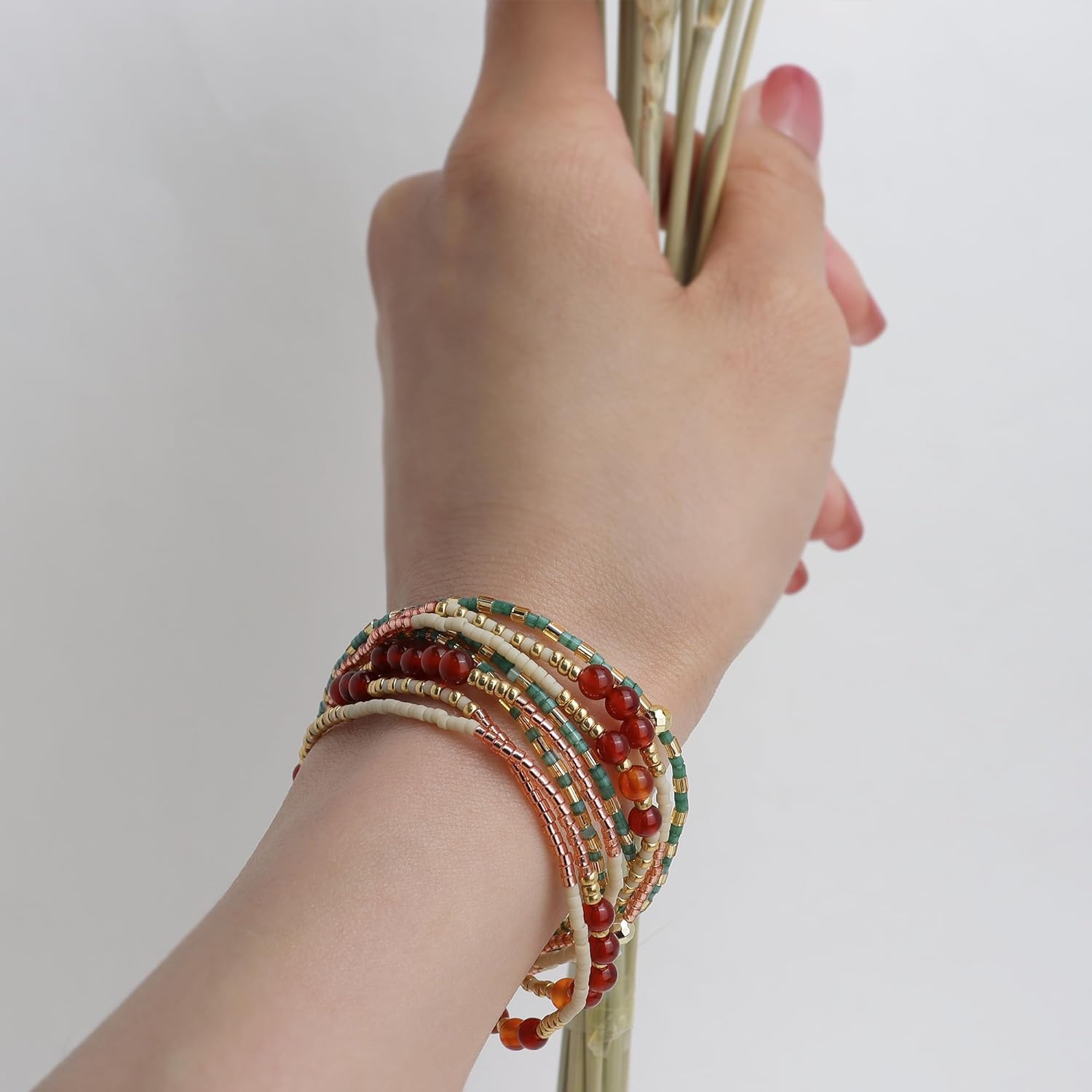 Gold Beaded Gemstone Stackable Stretch Bracelets for Women, Dainty Boho Handmade Natural Stone Seed Bead Ball Layered Bracelet Summer Beach Jewelry Gift