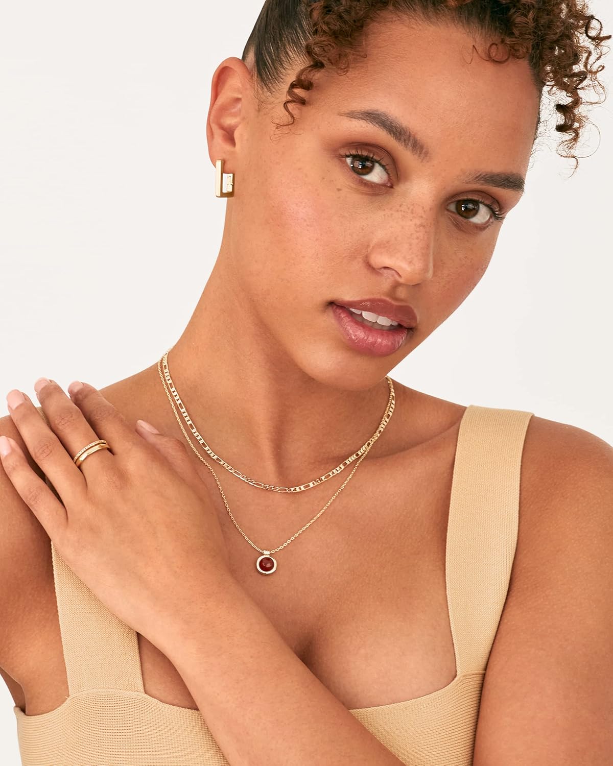 14K Gold Plated Layered Necklaces for Women | Gemstone Pendant Figaro Chain Necklace | Carnelian, Green Aventurine, Malachite Layering Necklace