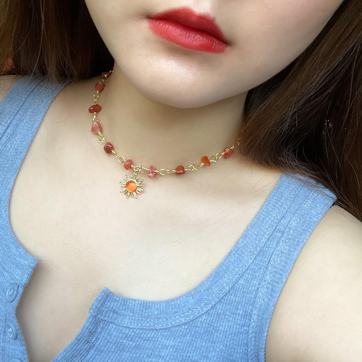 Colorful Beaded Gemstone Necklace for Women Natural Healing Crystal and Stone Boho Summer Choker Cute Handmade Birthday Christmas Jewelry Gifts for Teen Girls