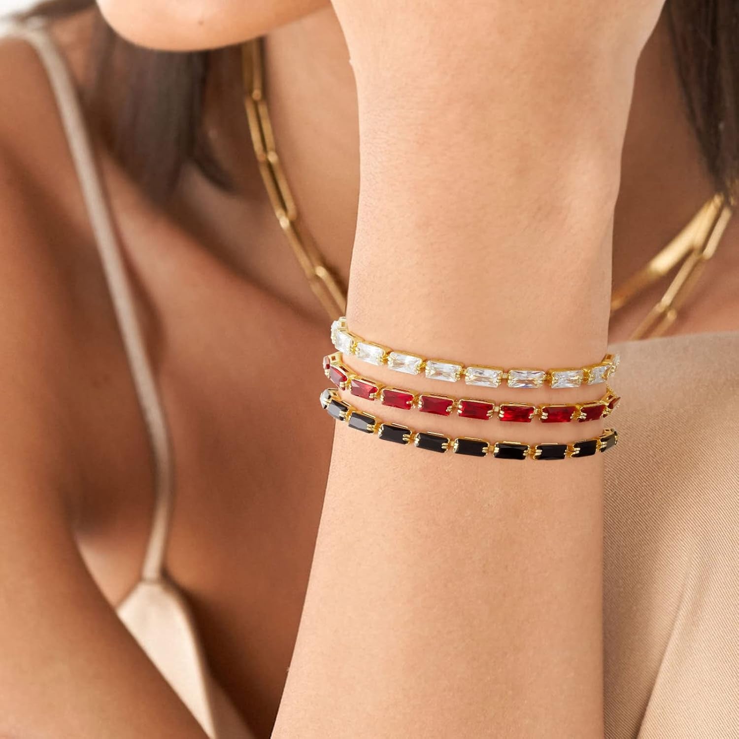 Tennis Bracelet for Women, 14K Gold Plated Cubic Zirconia Adjustable Slider Bracelets Trendy Jewelry Gift